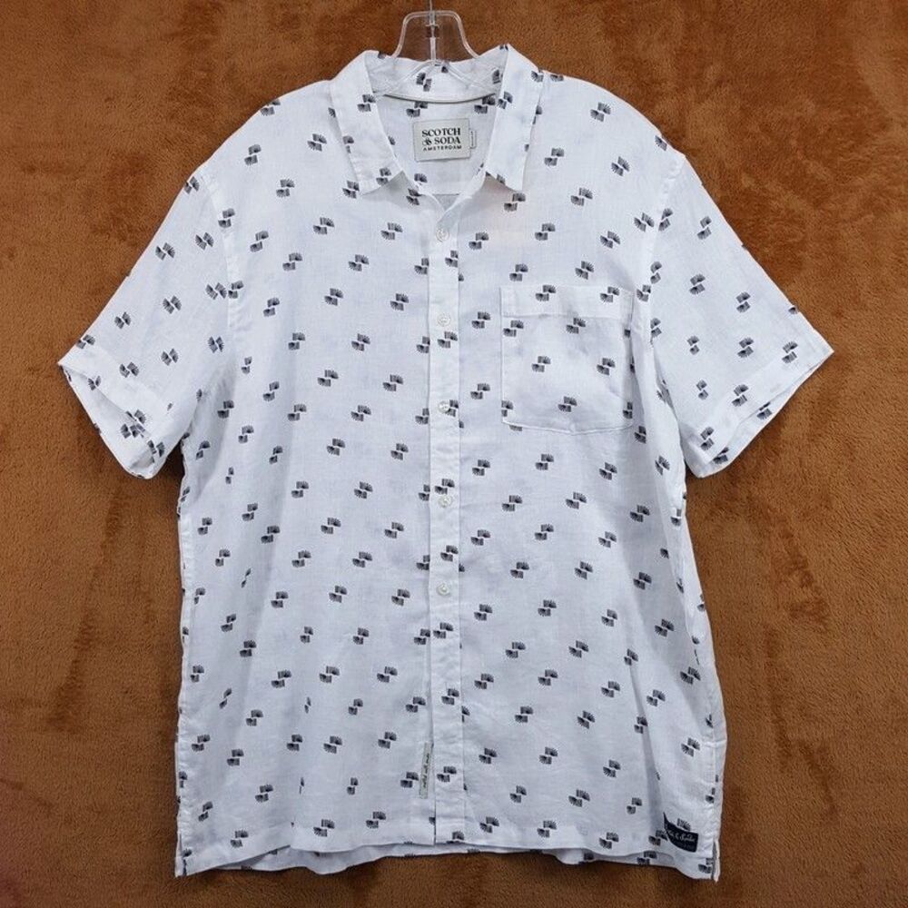 SCOTCH & SODA Button Shirt Mens Large White Print Short Sleeve 100% Linen $128
